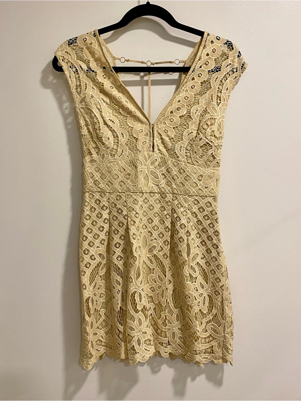 Free People Lace V-Neck Fit & Flare Mini Dress in Yellow Gold